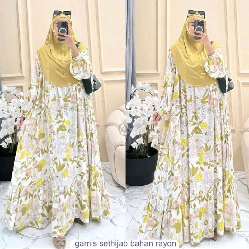 Gamis Rayon Set Hijab jumbo busui Gamis Busui Friendly Rayon Diamond Kekinian Free Hijab  Gamis Motif Long Dress Set Hijab 4