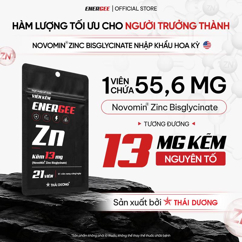 Viên kẽm ENERGEE 13mg kẽm nguyên tố NovoMin Zinc Bisglycinate 21 viên - Hấp Thu Tốt, An Toàn Cho Người Trưởng Thành - Sản Xuất Bởi Sao Thái Dương