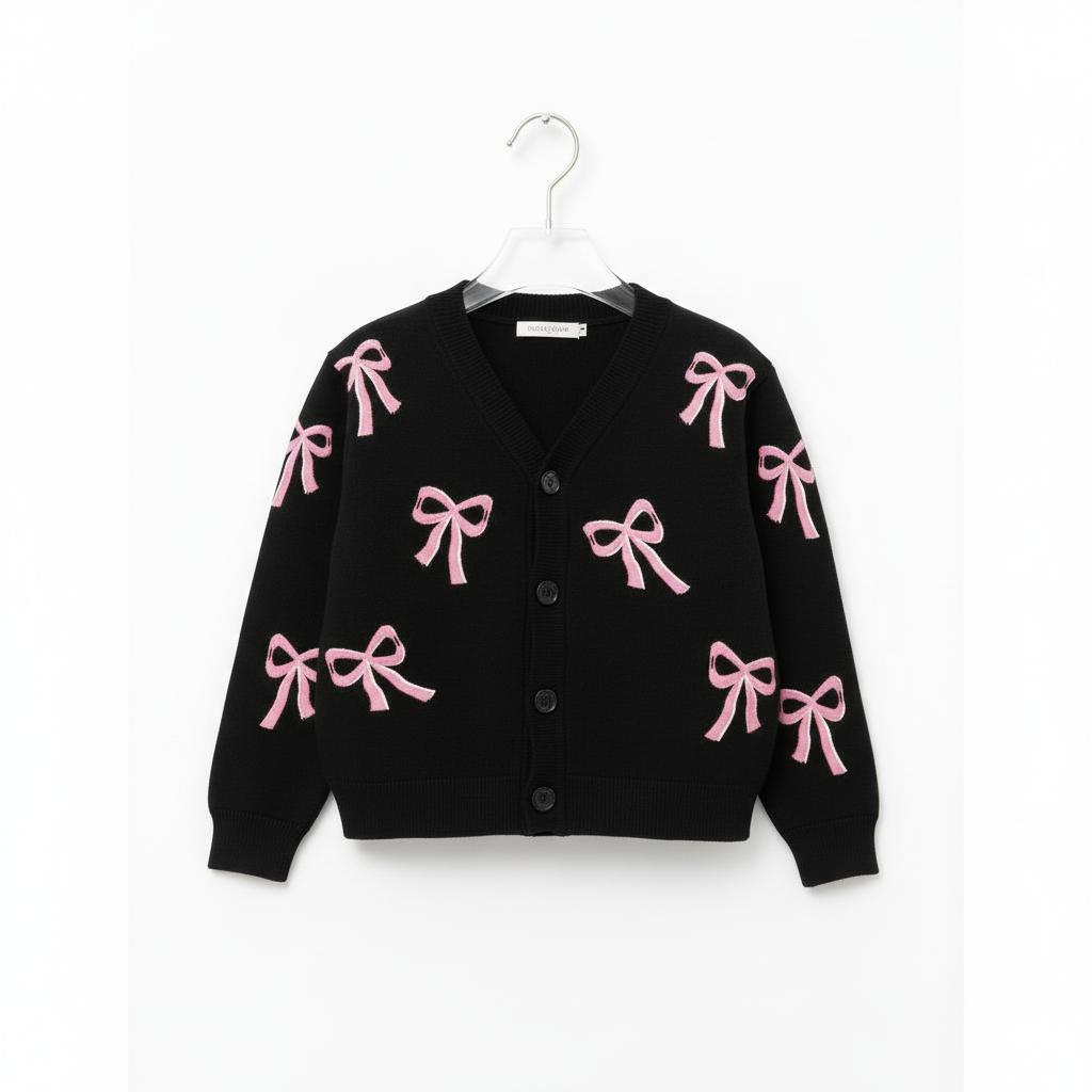 CAIFU Cardigan Pita Hitam Anak Perempuan Cardi Lengan Panjang Atasan Y2K Usia 3-12 Tahun Bahan Lembut Halus Nyaman Adem Variasi Warna Pastel Cantik Fashion