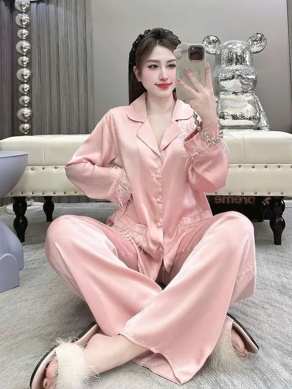 TAY LÔNG VŨ, (40-60Kg và 60-75Kg), Đồ Bộ Nữ, Tay Dài Quần Dài, In Họa Tiết Trơn Viền Tua Rua, Chấy Vải Lụa Mịn, Mềm, Mát 8