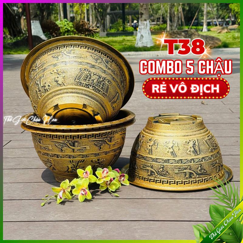 5 Chậu nhựa T38 TRỐNG ĐỒNG, Chậu trồng cây tròn truyền thống sơn màu đồng, trồng cây và hoa trang trí nhà cửa sân vườn