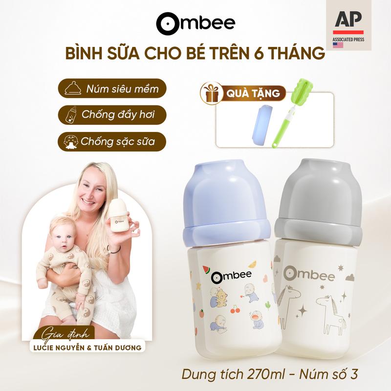 Bình sữa Ombee 270ML núm siêu mềm chống sặc chống đầy hơi cổ rộng tặng bộ cọ rửa bình