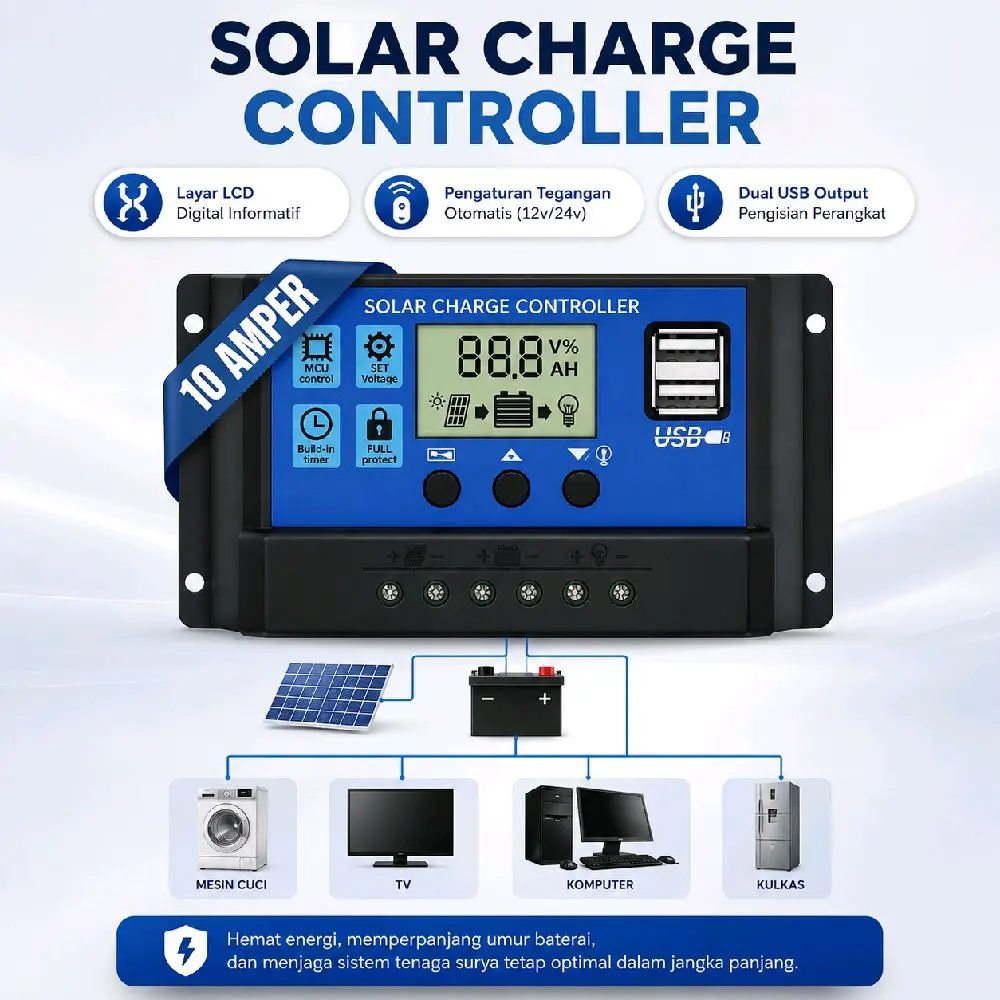 Solar Charge Controller 10A dengan Layar LCD Digital Pengaturan Tegangan Otomatis 12v/24v Dual USB Output Multifunction untuk Sistem Tenaga Surya Rumah & Lampu Taman - Baterai