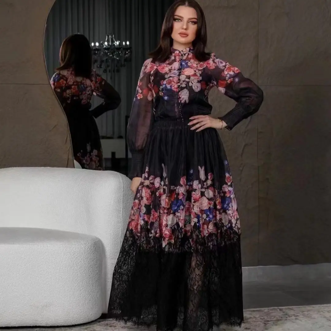 Gaun Maxi Pesta Renda Motif Krem Hitam Mewah
