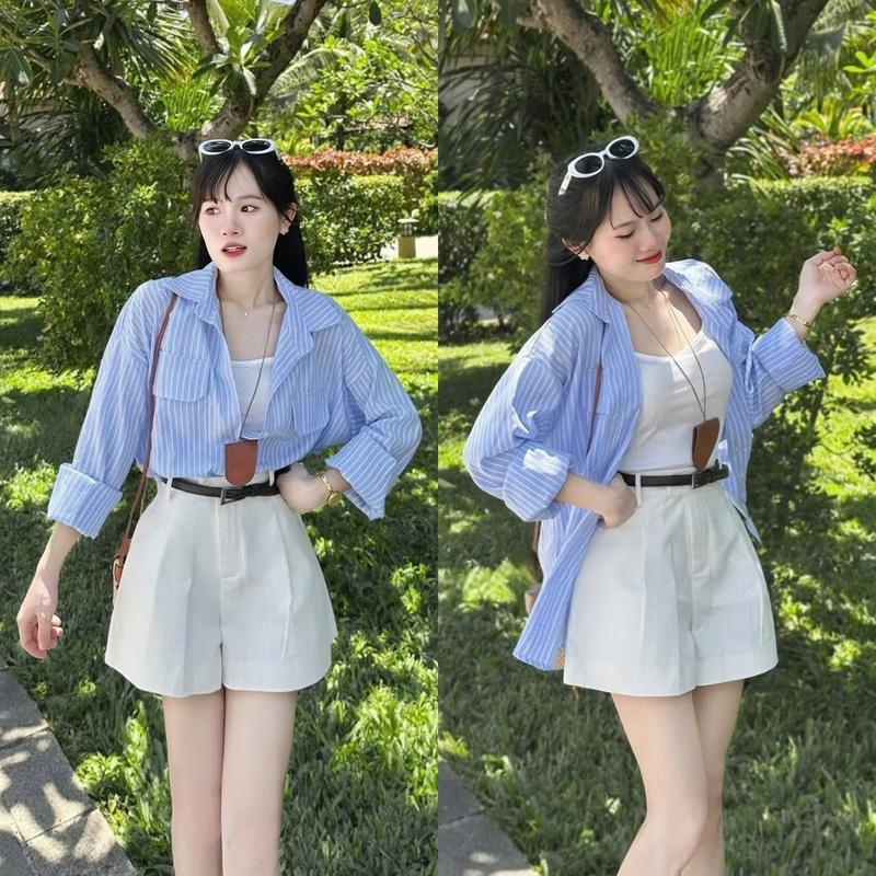 Set đồ nữ 4 món áo lót tăm lạnh kèm khoác kẻ sọc tay dài cài nút thật mix quần đùi [Có Thoắt Lưng] xinh xắn dành cho các nàng diện đi chơi