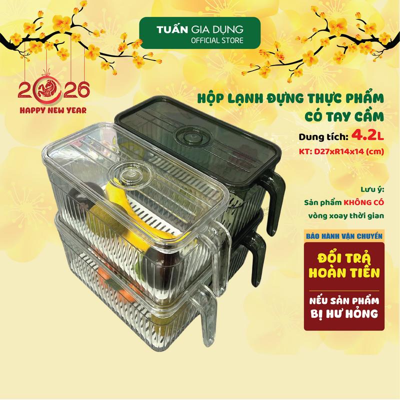 Hộp đựng thực phẩm đựng tủ lạnh có tay cầm nắp đậy khay tách nước Đức Minh dung tích 4.2 lít