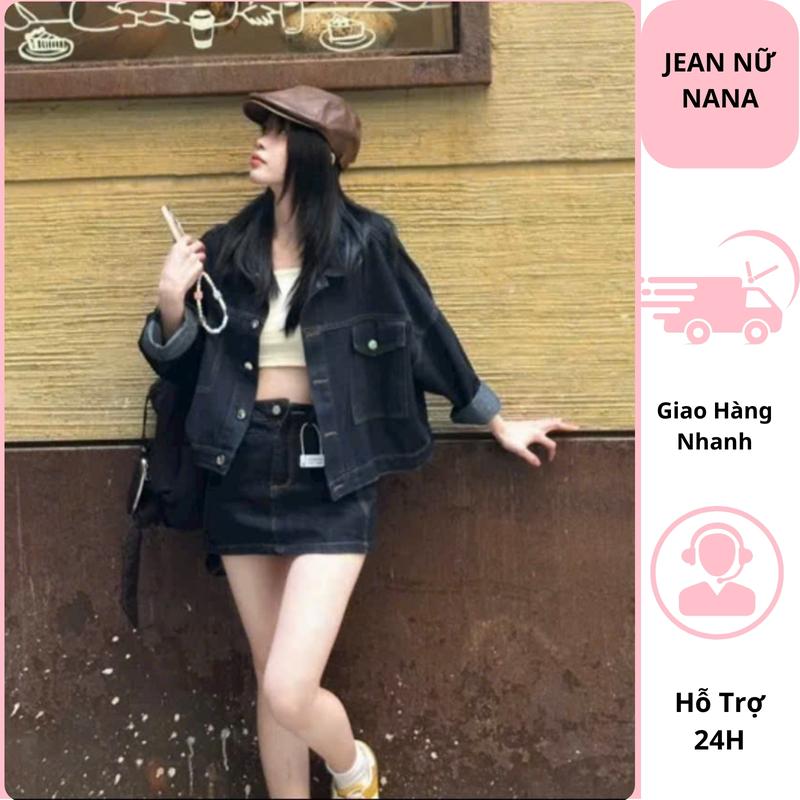 Aó khoác bò nữ dáng lửng màu xanh than cao cấp áo jean nữ chất vải mềm mại freesize có túi phía trước phong cách hàn quốc