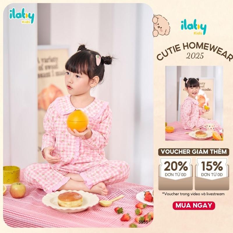  Bộ đồ bé gái ILABY cotton kẻ caro hồng cổ bèo dễ thương  3553  