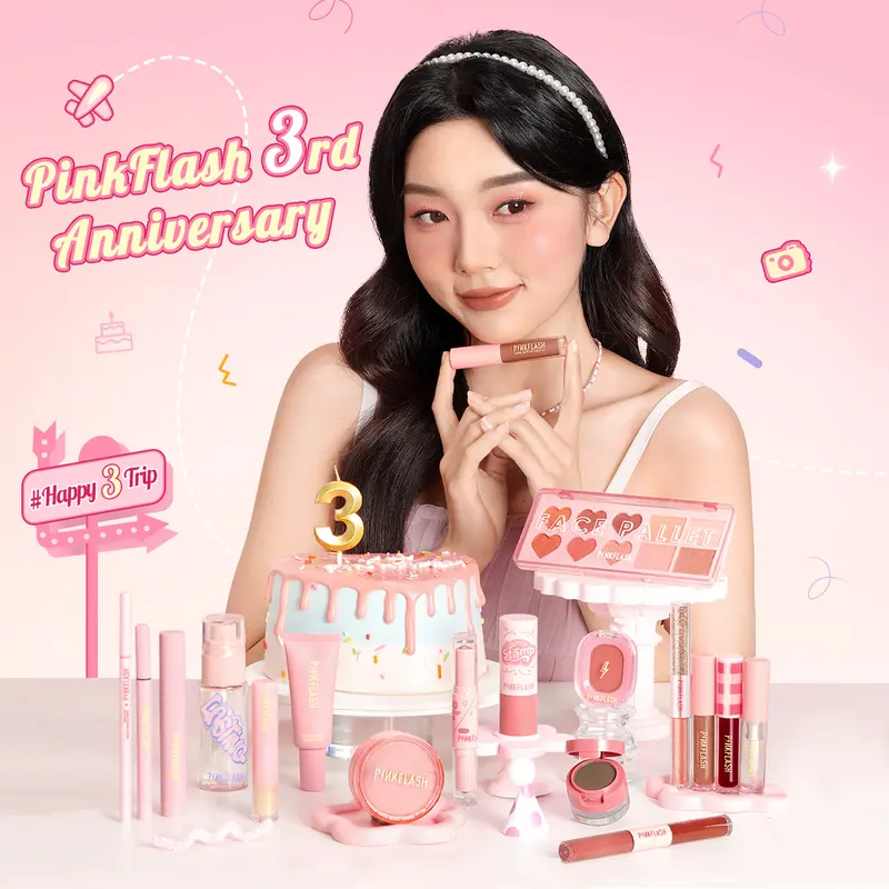 [Official]PINKFLASH #Happy3Journey 3rd Anniversary Makeup Sets 8PCS Beauty set makeup kit face makeup Eyeshadow Eyeliner Mascara Concealer Blush Eyebrow Liquid Loose Palette Foundation Lasting Cover Kosmetik 1