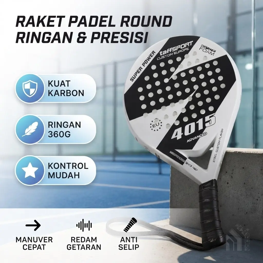 Raket Padel Bentuk Bulat Serat Karbon Kaca Ringan Kuat Kontrol Presisi Maksimal Nyaman Anti Selip Peredam Getaran untuk Pemain Padel Pemula Lincah di Lapangan