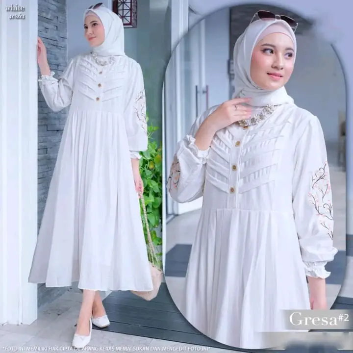 Midi Dress Linen Crespo Variasi Bordir Casual Simple Elegan Baju Wanita Remaja Putih Hitam Kekinian