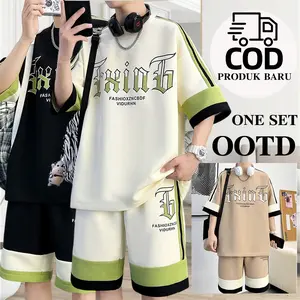 (Free Gifts  ）setelan kaos pria2024 new fashion baju kaos oversizepria hitam T shirt abu abu kaos lenganpendek oversize sport Putih fashionoutfit set korean style pria ShortSleeve Celana pendek cowok 1setCasual Keren Panjang Dewasa Polyester  Distro Polos