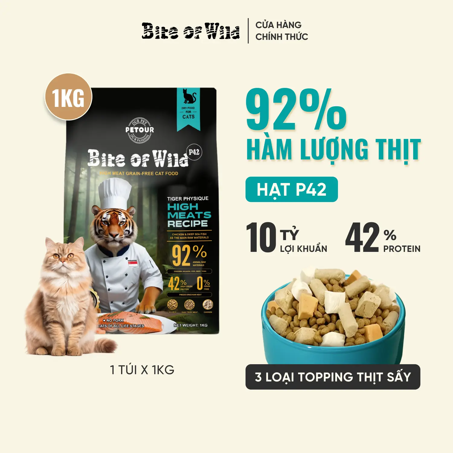 [THỨC ĂN CHO MÈO] Hạt cao cấp Bite Of Wild P42 1kg KHÔNG CHỨA NGŨ CỐC, có viên sấy khô cá hồi/ thịt tươi/ thịt gà dành cho mèo mọi lứa tuổi, bao gồm mèo con, mèo trưởng thành, mèo bầu