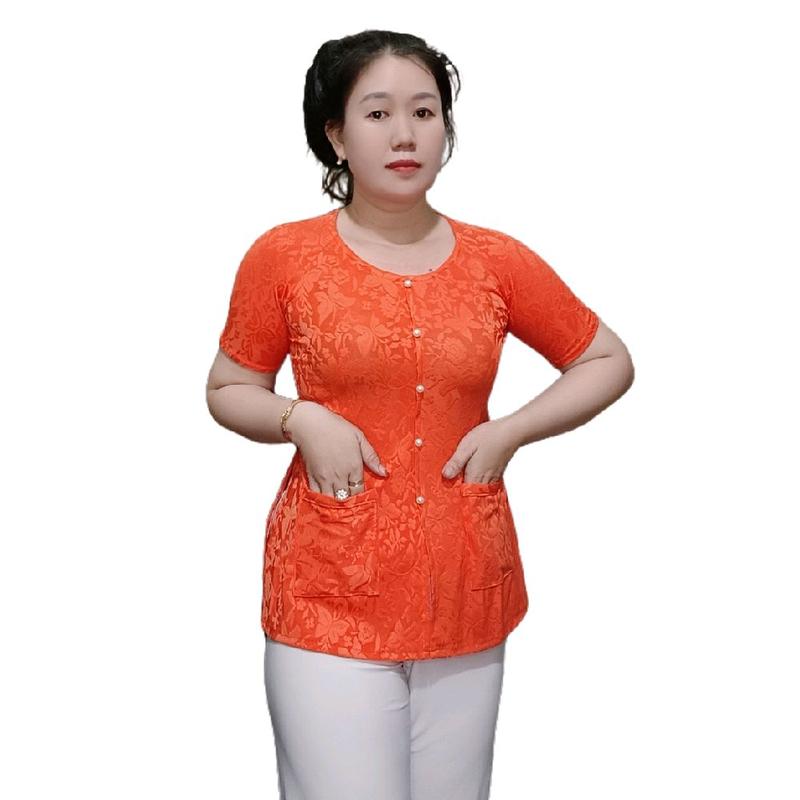 ÁO LẺ Áo bà ba tay ngắn có 2túi cổ tròn chất liệu thun vân gấm cổ chui đầu nút liền