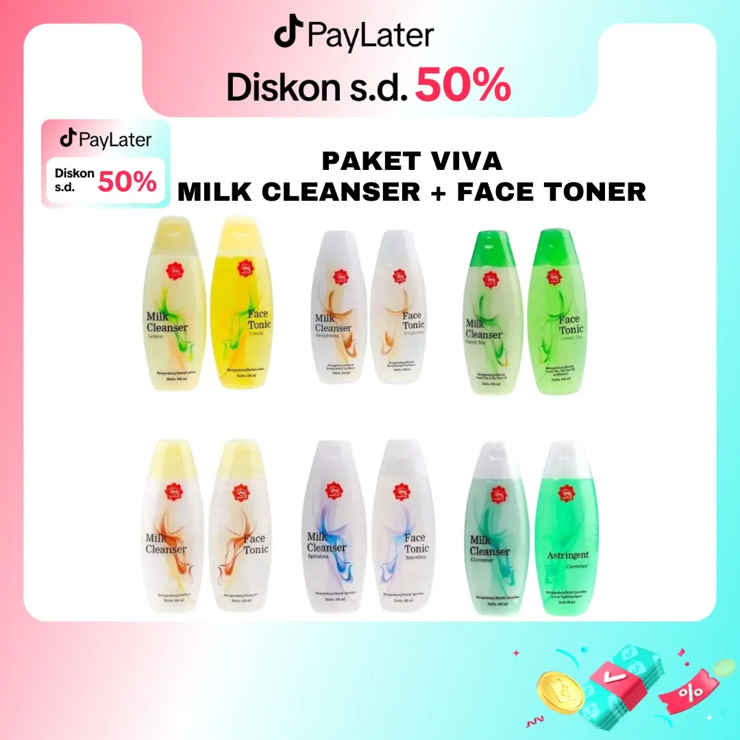 Paket Viva Milk Cleanser 100Ml + Face Tonic 100Ml | Spirulina | Bengkoang | Original | Lemon | Greantea | Cucumber
