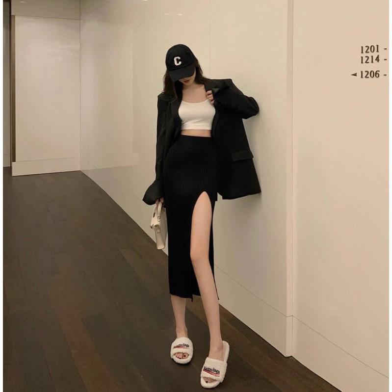 Rok span 7/8 rajut belah samping wanita/ korean skirt span 7/8 perempuan / rok span rajut polos 9