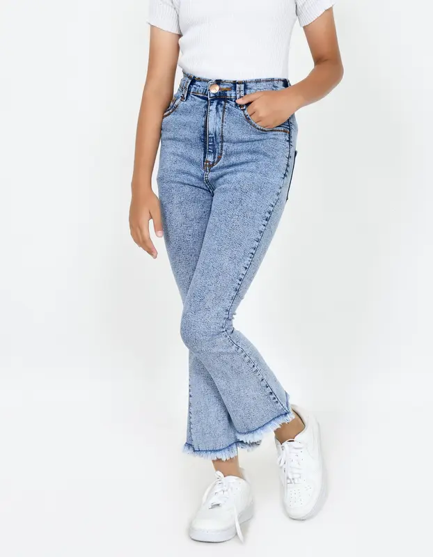 YAOSHI -Jeans anak wanita - Highwaist Cutbray Rawis Anak Tanggung  size 24 - 26 Pinggang Tinggi Jeans Fashion Katun 0