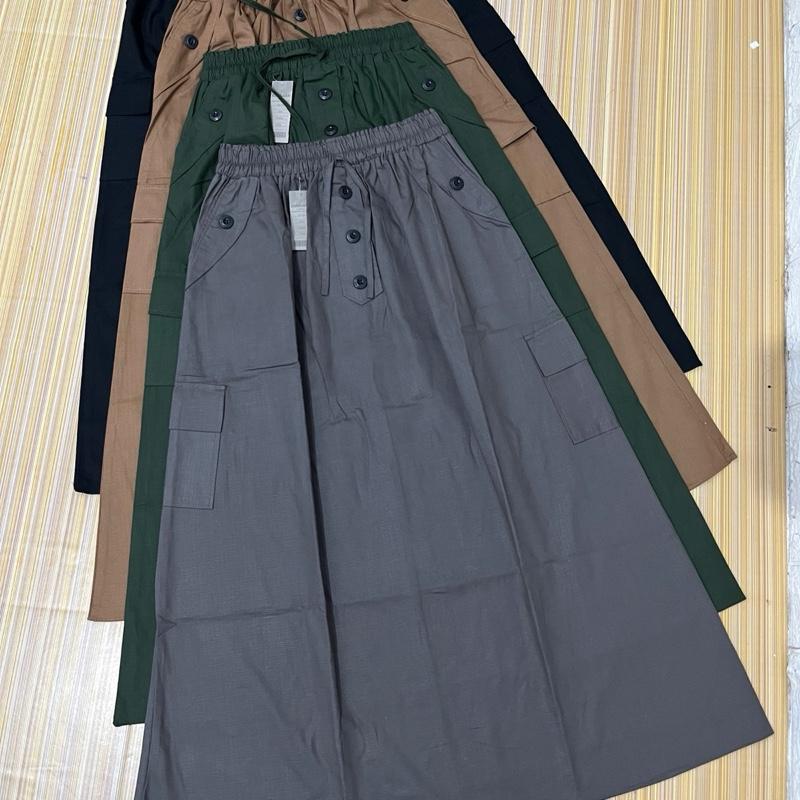 Yoorah Skirt Rok cargo wanita bahan katun cigaret  Hitam pakai Serut pinggang rok Dewasa Casual Bawahan rok Panjang Variasi Kancing Nyaman 3