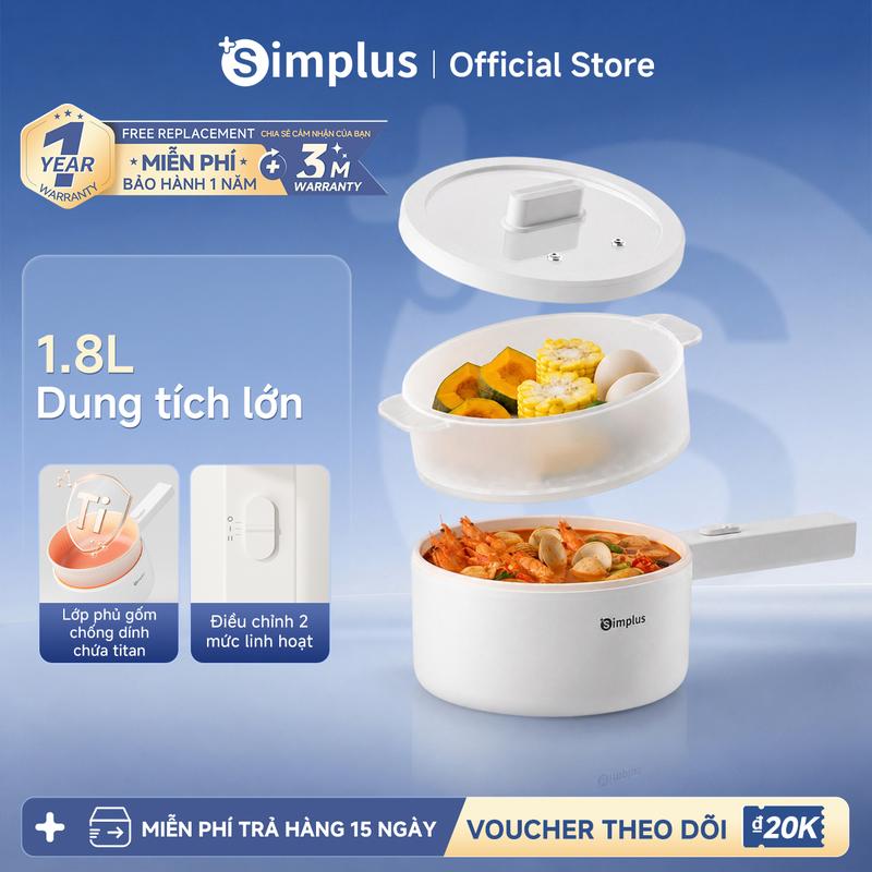 SimplusVN Nồi Điện Đa Năng Simplus 1.8L Bản Mới DZGH012WH02 , Nồi Lẩu Điện Tay Cầm Dài, công suất 600W, nấu đa năng, nồi chống dính phủ men gốm titan, nấu và hấp cùng lúc. Bảo hành 1 năm chỉ đổi không sửa