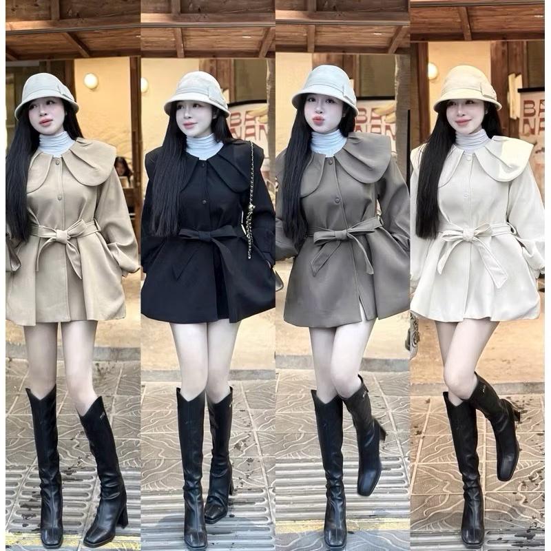  Áo Khoác Măng Tô Cổ Sen,Áo khoác nữ mùa đông - Áo tiểu thư tay bồng có đai thắt eo cực xinh BIGSIZE 