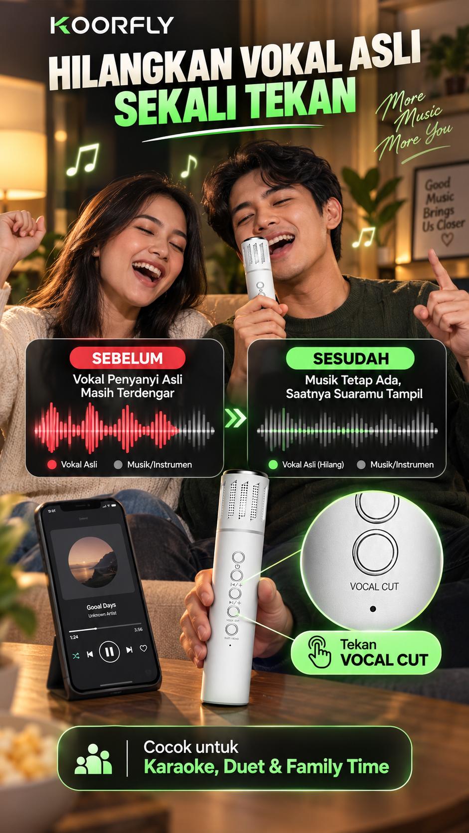 KOORFLY K20 Mic Karaoke Bluetooth 2-in-1 + Speaker Portable | Vocal Cut, Duet & Echo | TF Card & Earphone Support
