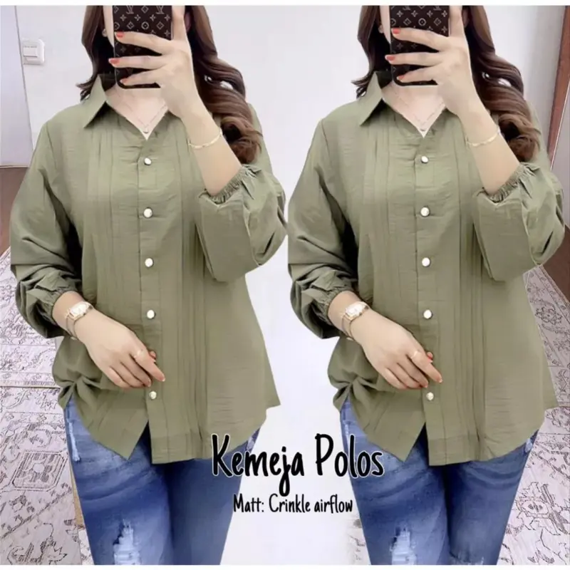 Kemeja Atasan Wanita Opnaisel Cringkel Airflow Polos Kasual - Panjang 3