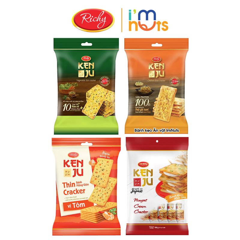Bánh Quy Kenju Richy Mỏng Giòn Đủ Vị Và Bánh Quy Kem Dẻo Nougat Hành Dạng Túi Tiện Lợi