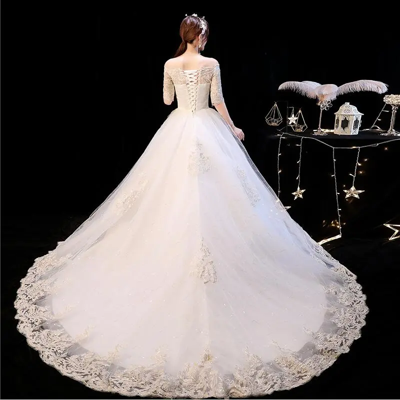 Wanita Maxi gaun pengantin dari renda putih pesta pernikahan Ekor Panjang Short Sleeve Long Tail Women White Lace Wedding Dresses Maxi Bride Gown 3