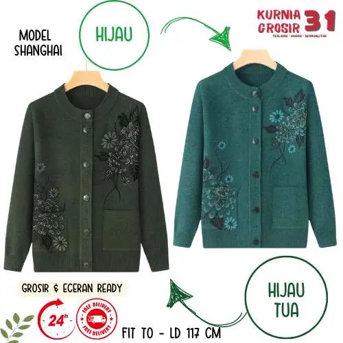 Sweater Ibu Krah Shanghai Krah Daun Motif Bunga / Baju Hangat Wanita / Pakaian Casual Rajut Halus Kancing Kerah Berkualitas 4