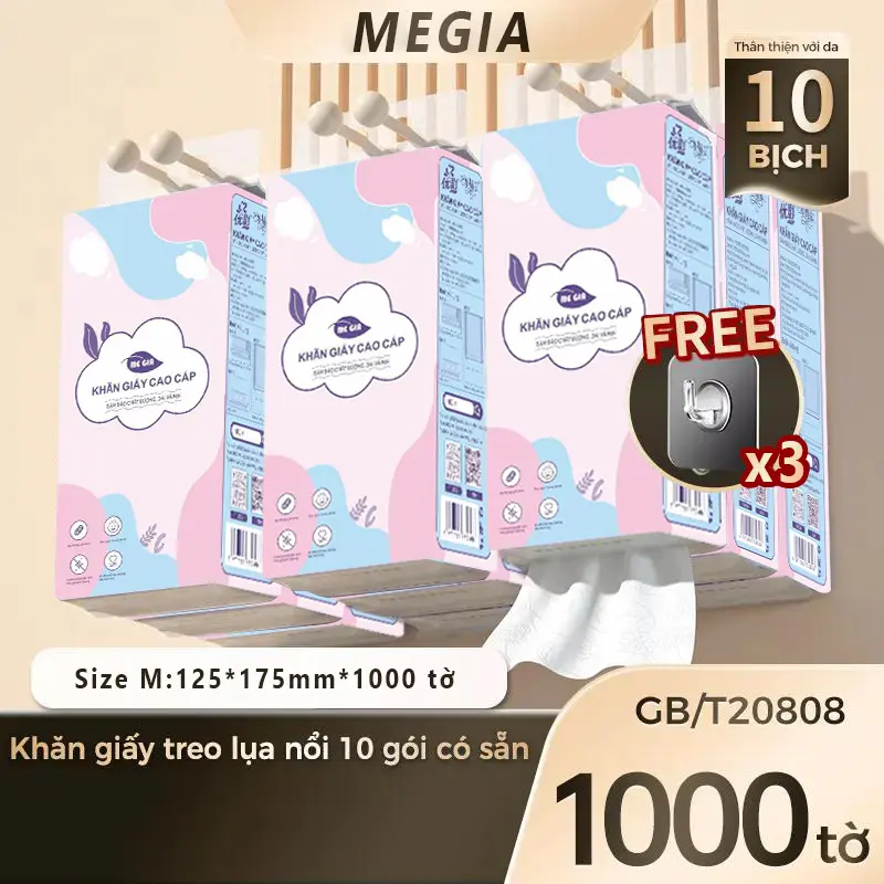 COMBO 10 bịch khăn giấy MEGIA Tissue 4 Lớp Mềm Mại Và Thoải Mái 1000 Tờ 175 * 120mm Giấy Ăn Giấy Treo Tường khăn giấy rút treo tường Giấy Vệ Sinh Face Tissue(Tặng 3 Móc Treo Tiện Lợi), Khăn Giấy Ăn rút, Thành Phần Bột Gỗ Tự Nhiên Thân Thiện An Toàn,