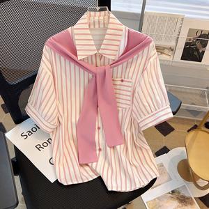 ผ้าคลุมไหล่ ปลอมสองชิ้นออกแบบ ซอก ลายเสื้อแขนสั้นฤดูร้อนใหม่แฟชั่นอเนกประสงค์ด้านบนสุภาพสตรีเสื้อ