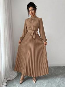 Vestido midi plisado de color sólido con cuello tipo pajarita y mangas largas, elegante para primavera y otoño, con cintura ceñida; vestido de fiesta formal, ideal para dama de honor