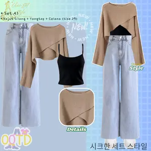 Set Kekinian ala Korea (Rajut Silang Tangtop Celana) OOTD Kampus CS029 Outfit Kondangan Outer Vest Korean Style Setelan Baju Wanita Atasan Panjang Cream Nyaman Tebal Denim Loose Pant