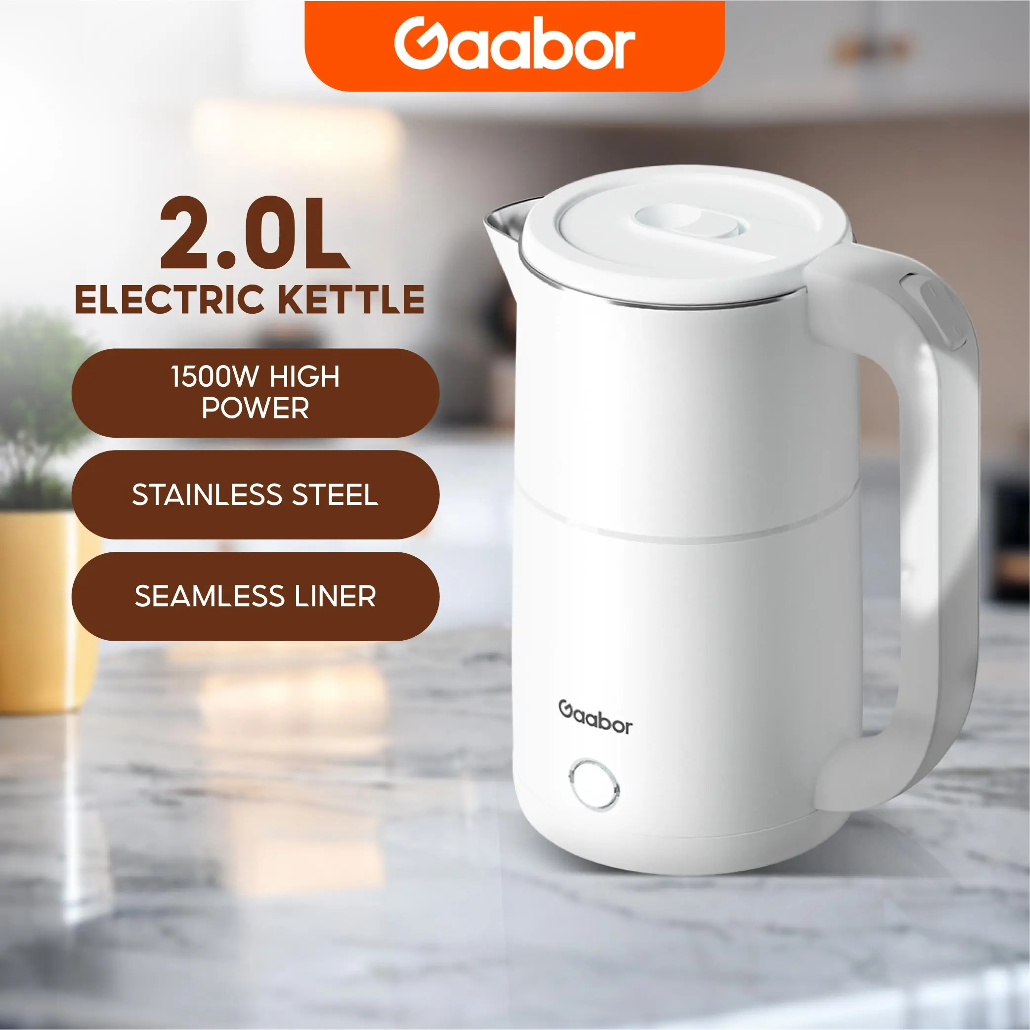 【Live Exclusive】Gaabor 2.0L Stainless Electric Kettle 1500W Power Fast Boiling with Anti-burnout Protection Automatic Power-off Protection