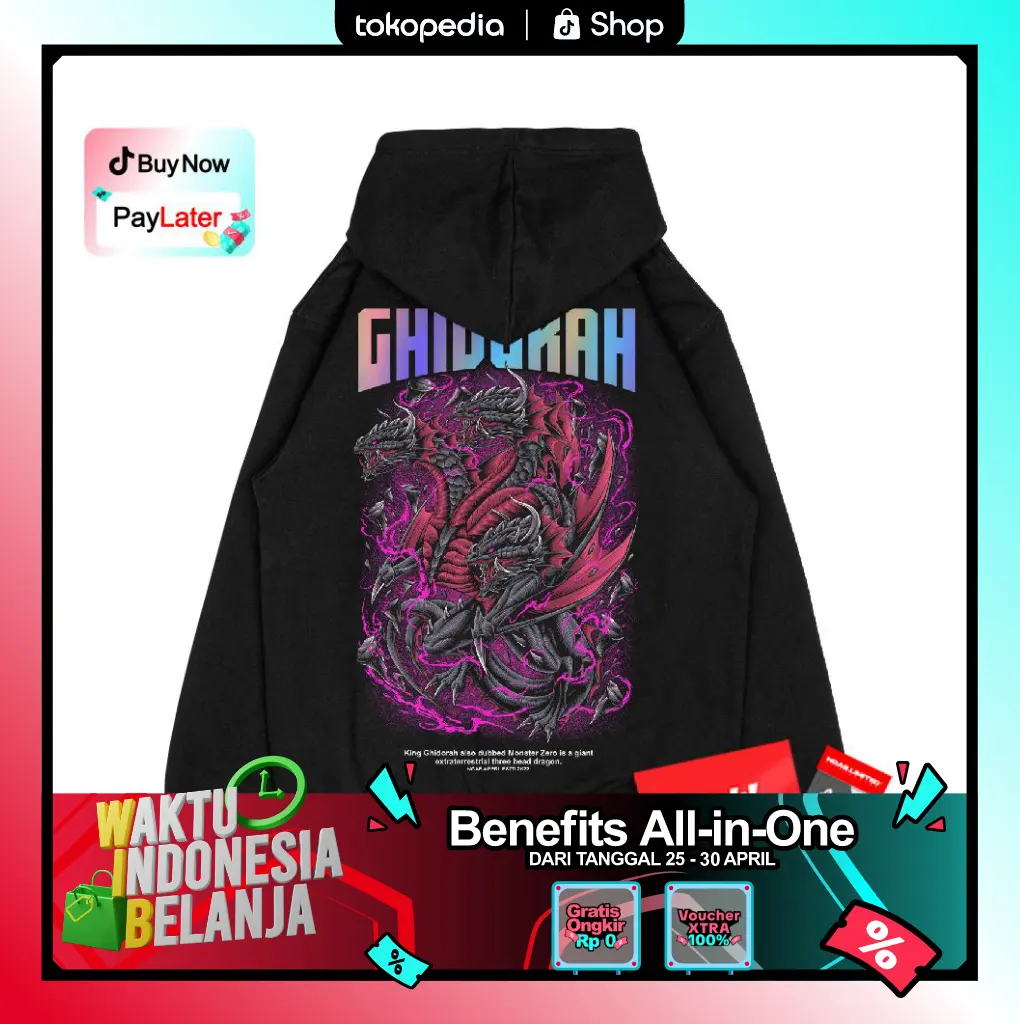 (Gratis, Stiker, Lanyard)  Ngab Hoodie Jumper Sablon Reflective Rainbow King Ghidorah HD013 Hitam Unisex Cowok Cewek Pria Wanita Fleece Tebal Lembut Dan Nyaman Motif Digital