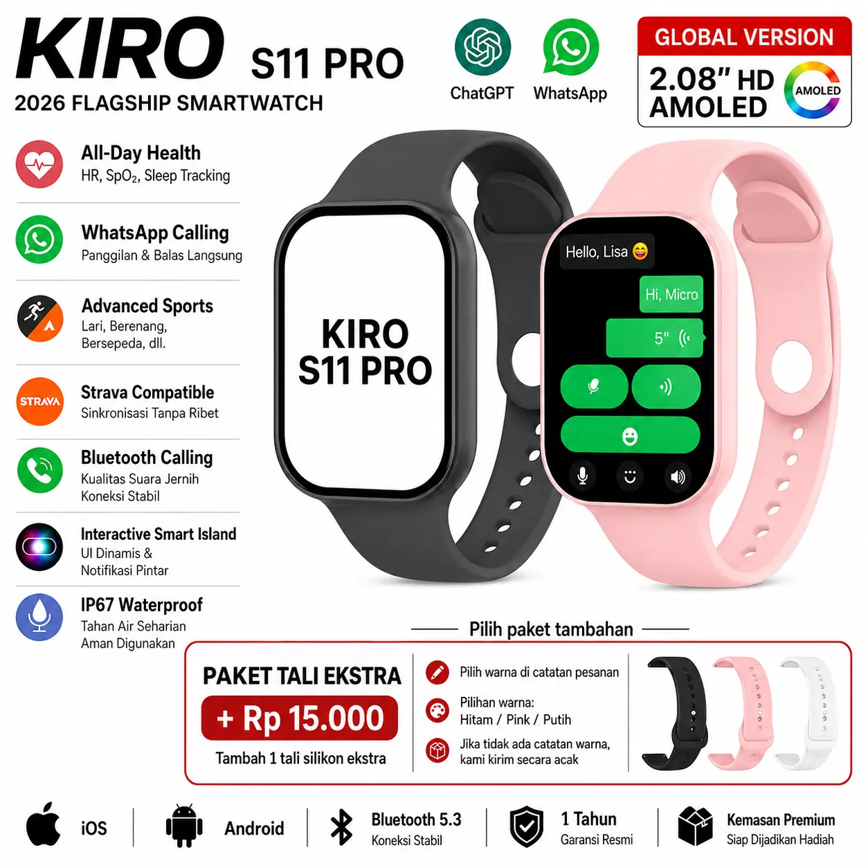 KIRO WATCH S11 PRO Smartwatch WhatsApp Chat, Olahraga mendukung Android iOS 1000+ Faces Free Download dan NFC Akses Sensor Gesture