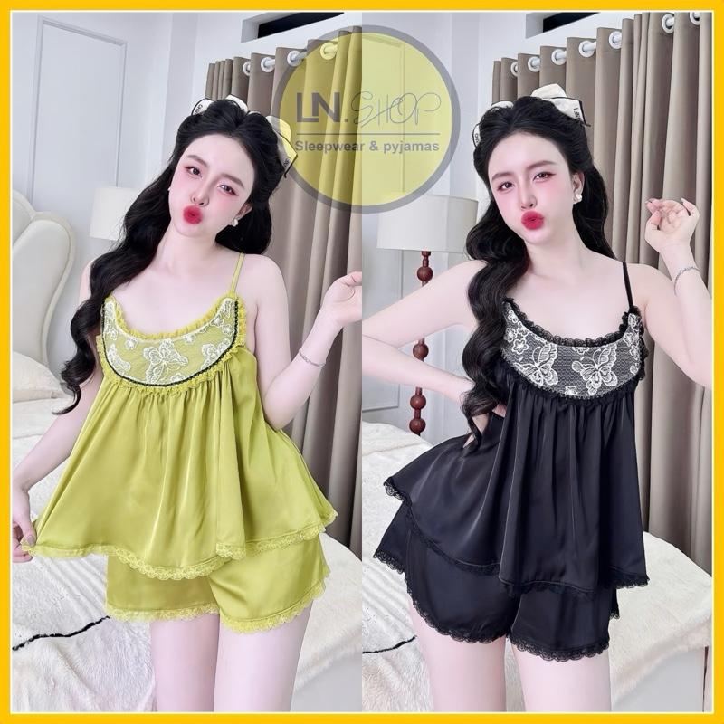 Đồ Bộ Áo Hai Dây Quần Đùi Nữ, đồ ngủ nữ, đồ bộ ngủ Chất Lụa Latin Trơn Mix Ren Hoa Thêu Kiểu Xòe Babidoll