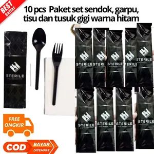 [JIB] BAYAR DI TEMPAT 10 pcs Paket set sendok, garpu, tisu dan tusuk gigi plastik premium warna hitam