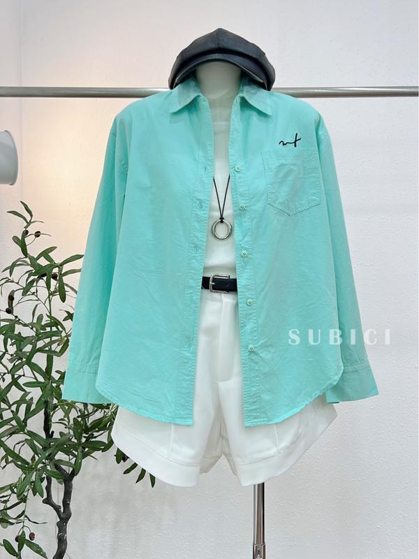 SUBICI Áo Sơ Mi Nữ Form Rộng Vừa Thêu Hình Đơn Giản Có Túi Cotton Si Hàn Mềm Mát Có Nhăn Freesize Nhiều Màu Sắc