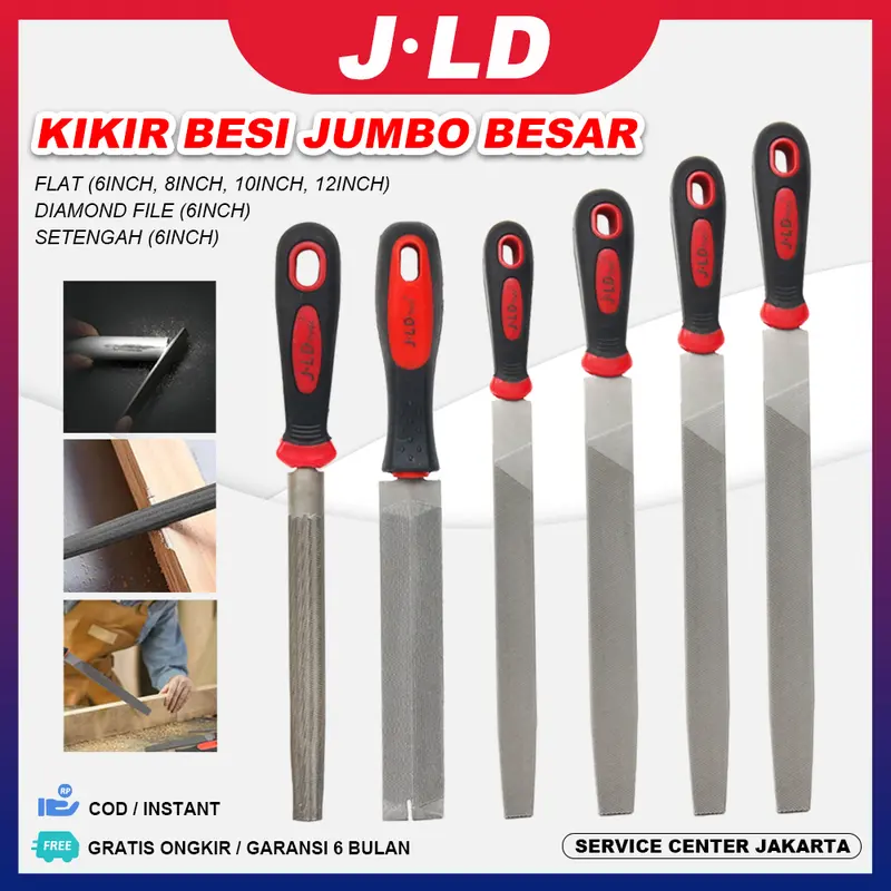 JLD Kikir Besi jumbo besar 6" 8" 10" 12" flat Datar gepeng Bulat Lurus Segitiga Setengah Bulat Parut Gagang Karet