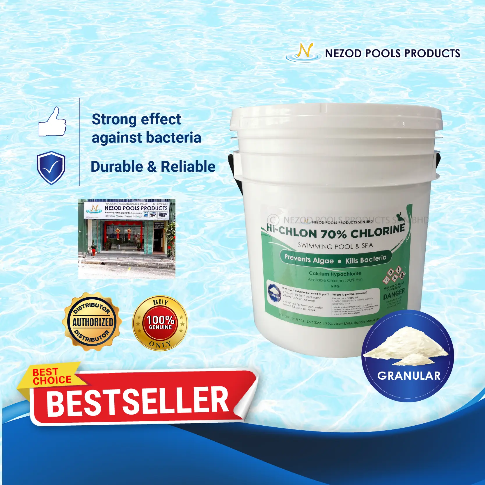 CALCIUM HYPOCHLORITE 70% GRANULAR.JAPAN – PREPACK 5KG - NEZOD POOLS
