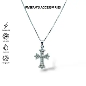 FIVEFAM'S - Kalung Titanium Liontin Salib Crest Pria Wanita Unisex Anti Karat Stainless Steel