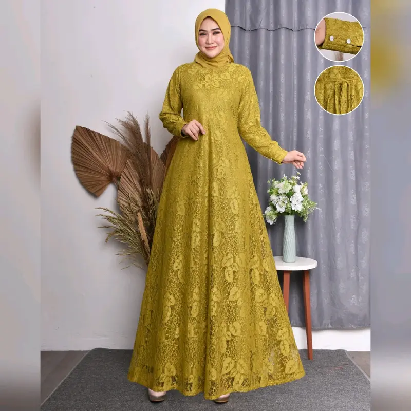 gamis brukat dress jumbo pesta ada ukuran dari m.l.xl.xxl.xxxl free masker Wanita Muslim Kondangan Lembut Tebal 1
