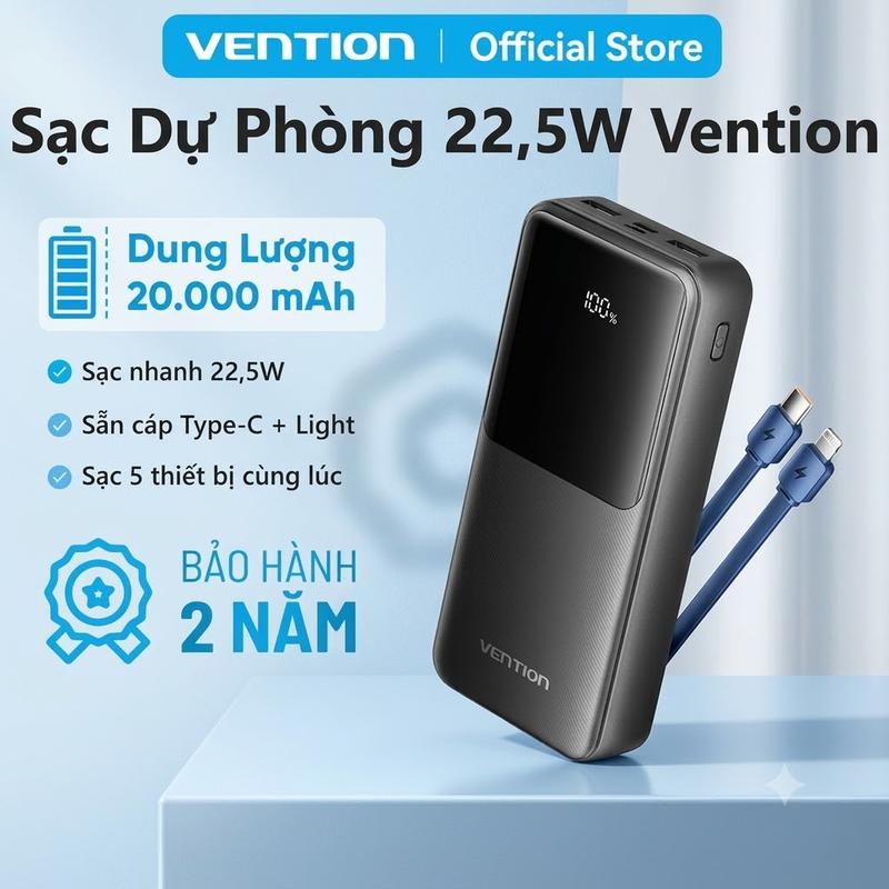 Pin Sạc Dự Phòng 22.5W Vention 20000mAh,Có Sẵn Dây Cáp Type C Và Light, Hỗ Trợ Nhiều Thiết Bị, Màn Hình Hiển Thị LED