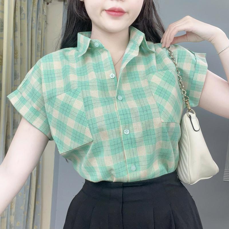 Áo Sơ Mi Nữ Tay Ngắn Dáng Rộng Chất Cotton Caro hai túi, AMI33