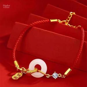 Gelang Tali Merah Wanita dengan Liontin Jade Hetian, Gelang Anyaman Perak Tulen Gaya Etnik Bertuah, Manis dan Retro Bergaya Istana Bangle Love Jewellery