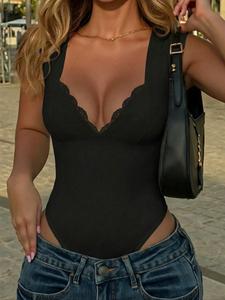 Mono sólido de mujer con encaje y escote en V profundo, sexy, ajustado, de manga corta, perfecto para la moda diaria, elegante y cómodo