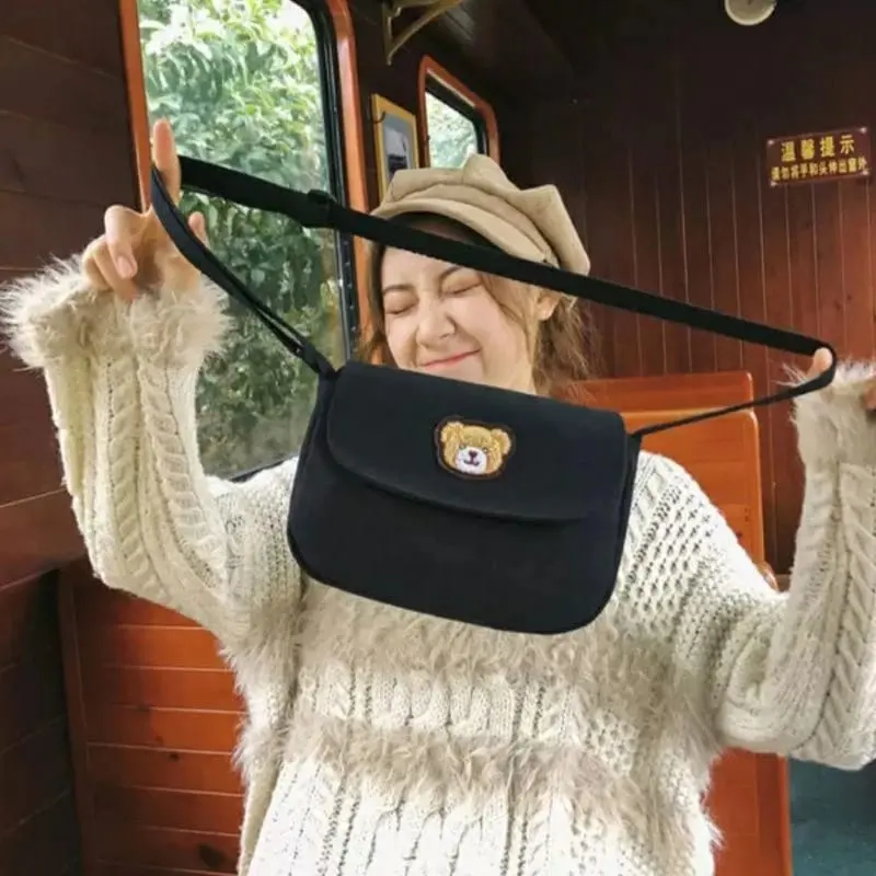 Twenty Bag - Tas Selempang Mini Anak Wanita Pria Terbaru Kekinian Motif Carakter BERUANG TUTUP BORDIR Fashion Korean Style Murah Bahan Canvas Tebal 2