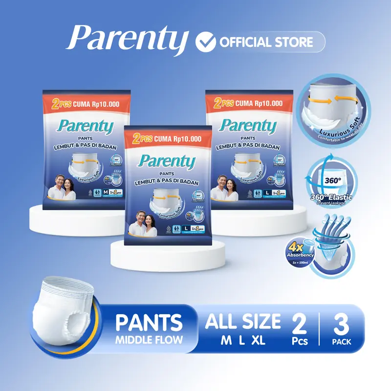 [TRAVEL 3 PACK] PARENTY Adult Pants Soft Diapers Middle Flow Size M2/L2/XL2 - Kemasan Renceng Popok Celana Dewasa Lembut Menyerap Cepat Popok orang tua