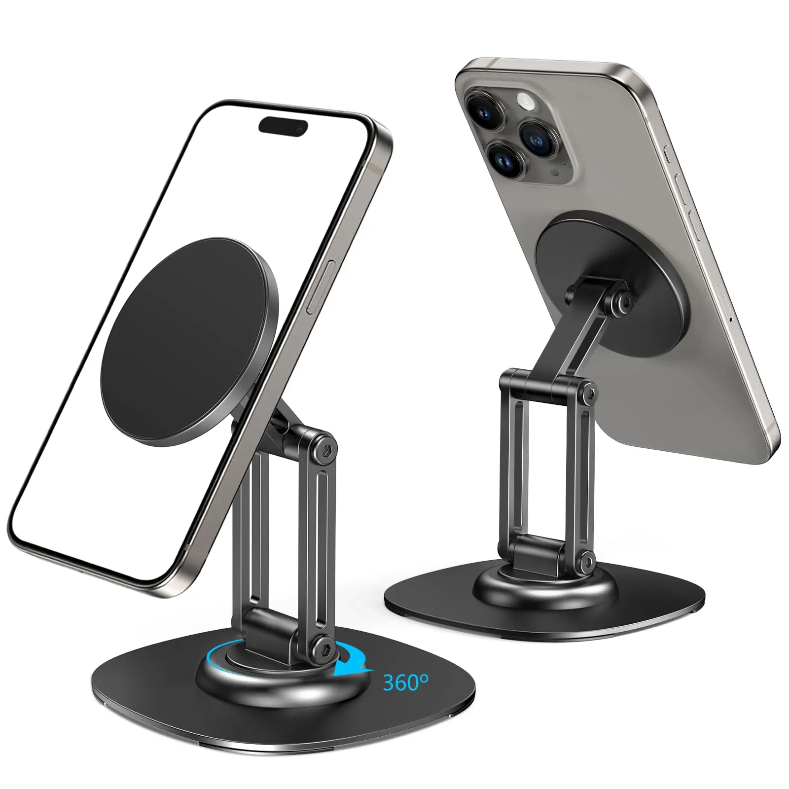 Aluminum Alloy Magnetic Phone Stand, MagSafe iPhone Stand Holder for Desk with 360° Rotating Metal Base, Phone Live Broadcast Stand, Foldable Rotating Phone Stand, Cellphone Accessories Adjustable